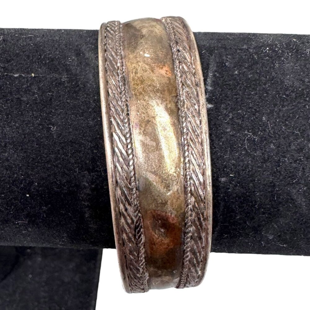 Vintage Silver Tone Bohemian Cuff Bracelet Patina Intricate Braided Edge Design